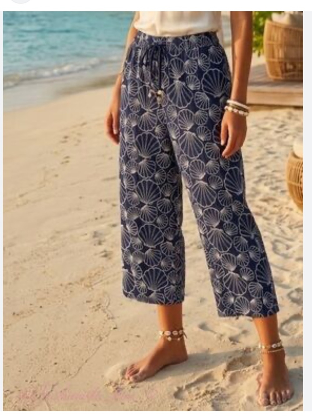 NWOT Cynthia Rowley Navy Blue Shell-Print Pants w/shells on drawstring, Size L - Picture 2 of 5